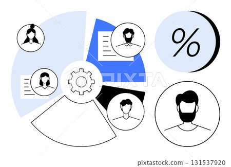 Gear surrounded by pie chart segments with human profile icons and document symbols, percentage symbol at top right. Ideal for team management, business strategy, strategic planning, workflow 131537920