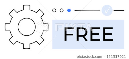 Gear icon next to a FREE label, blue dot, checkmark, and progress line. Ideal for marketing, advertisements, promotions, software online services startups digital content. Line metaphor Gear icon next to a FREE label, blue dot, checkmark, and progress line. Ideal for marketing, advertisements, promotions, software online services startups digital content. Line metaphor 131537921