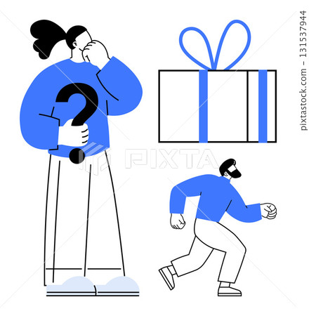 Confused character with question mark, gift box tied with ribbon, person running. Ideal for problem-solving, confusion, decision-making, gifting, mystery urgency dilemma. Line metaphor Confused character with question mark, gift box tied with ribbon, person running. Ideal for problem-solving, confusion, decision-making, gifting, mystery urgency dilemma. Line metaphor 131537944
