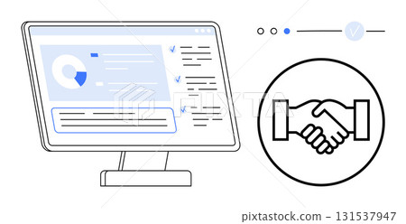 Computer monitor displaying data charts and lists beside handshake icon symbolizing agreement. Ideal for teamwork, partnerships, business, collaborations, data analysis, professional services Computer monitor displaying data charts and lists beside handshake icon symbolizing agreement. Ideal for teamwork, partnerships, business, collaborations, data analysis, professional services 131537947