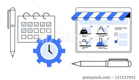Calendar with check marks, clock gear, e-commerce webpage with bags under awning. Ideal for business planning, time management, e-commerce, scheduling, task tracking, workflow management Calendar with check marks, clock gear, e-commerce webpage with bags under awning. Ideal for business planning, time management, e-commerce, scheduling, task tracking, workflow management 131537952