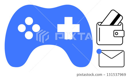 Blue gaming controller next to wallet with cards and an email notification. Ideal for gaming, e-commerce, communication, digital transactions, notifications, tech setups, and financial apps. Line 131537969
