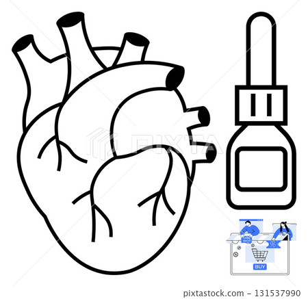 Anatomical heart illustration beside a medical dropper and online shopping cart. Ideal for healthcare, cardiology, medical supplies, online healthcare services, pharmaceutical marketing, ecommerce Anatomical heart illustration beside a medical dropper and online shopping cart. Ideal for healthcare, cardiology, medical supplies, online healthcare services, pharmaceutical marketing, ecommerce 131537990