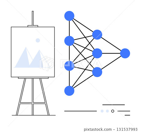 Abstract network model with connected blue nodes alongside an easel board with simple mountain drawing. Ideal for AI, tech presentations, data visualization, machine learning, education, innovation 131537993