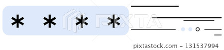 A password input field filled with asterisks, accompanied by progress indicators and lines. Ideal for apps, login screens, security tutorials, data protection, UI design, web development, education 131537994