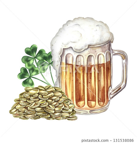 A mug of beer with a shamrock, a pile of coins for St. Patrick's Day. Hand-drawn watercolor illustration. Design element for greeting cards, banners and flyers, packaging, invitations, and more. 131538086