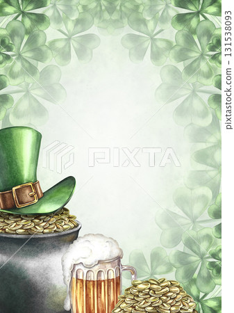 St. Patrick's Day frame. Hand-drawn watercolor illustration. On a green background. Pot of gold coins, leprechaun hat, beer mug, and clover. For invitation and greeting cards and more. St. Patrick's Day frame. Hand-drawn watercolor illustration. On a green background. Pot of gold coins, leprechaun hat, beer mug, and clover. For invitation and greeting cards and more. 131538093