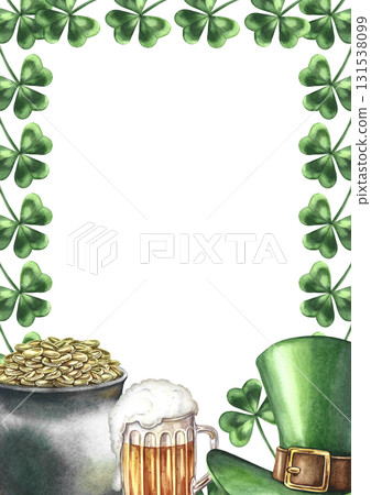 St. Patrick's Day frame. Hand-drawn watercolor illustration. Pot of gold coins, leprechaun hat, beer mug, and clover. For greeting cards, banners, invitations, and more. 131538099