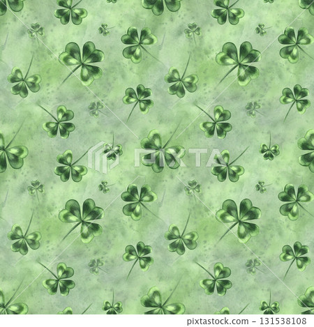 Seamless pattern with clover leaves on a green watercolor background. Hand-drawn watercolor illustration. For backgrounds, textiles, wrapping paper, packaging, holiday decor, and more. 131538108