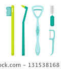 Teeth and gum care. Toothbrush, single tufted. Tongue cleaning brush. Toothbrush, floss. Vector illustration 131538168