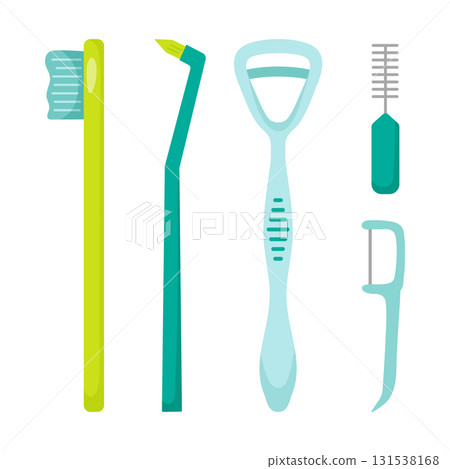 Teeth and gum care. Toothbrush, single tufted. Tongue cleaning brush. Toothbrush, floss. Vector illustration 131538168