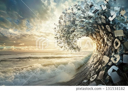 Dramatic Wave of Waste: A Stunning Representation of Ocean Pollution Created by Rising Trash Collected in an Enormous Wave against a Beautiful Sunset Background Dramatic Wave of Waste: A Stunning Representation of Ocean Pollution Created by Rising Trash Collected in an Enormous Wave against a Beautiful Sunset Background 131538182