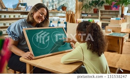 Smiling teacher and child pointing at happy face drawing in classroom therapy activity 131538247