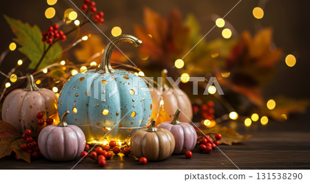 Autumn arrangement: pastel blue pumpkin with gold accents, string lights, fall leaves, and bokeh effect. Autumn arrangement: pastel blue pumpkin with gold accents, string lights, fall leaves, and bokeh effect. 131538290
