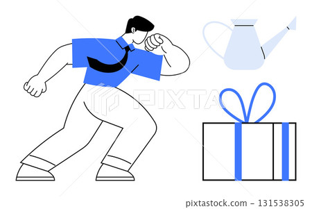 Strongman flexing bicep next to gift box with blue ribbon and white watering can. Ideal for strength, celebration, growth, gifting, motivation, gardening, and minimalism themes. Line metaphor Strongman flexing bicep next to gift box with blue ribbon and white watering can. Ideal for strength, celebration, growth, gifting, motivation, gardening, and minimalism themes. Line metaphor 131538305