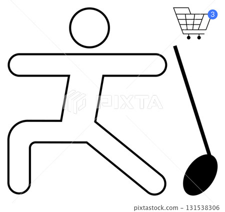 Stick figure swings golf club towards a ball with shopping cart icon displaying three items. Ideal for shopping, sports enthusiasm, online purchase, golfing, activity tracking, e-commerce, digital Stick figure swings golf club towards a ball with shopping cart icon displaying three items. Ideal for shopping, sports enthusiasm, online purchase, golfing, activity tracking, e-commerce, digital 131538306