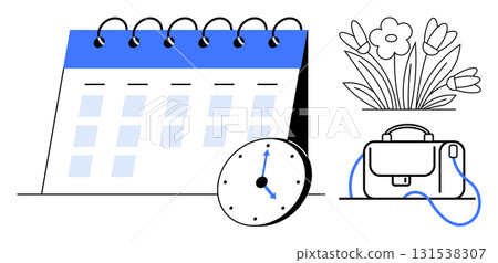 Spiral-bound calendar with clock emphasizes organized scheduling. Flowers and office bag suggest work-life balance. Ideal for time management, productivity, work-life balance, planning, organization Spiral-bound calendar with clock emphasizes organized scheduling. Flowers and office bag suggest work-life balance. Ideal for time management, productivity, work-life balance, planning, organization 131538307