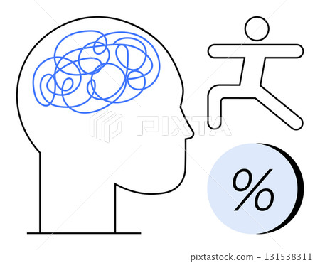 Side view silhouette of human head with blue tangled lines, person running, and percentage symbol. Ideal for mental health, exercise motivation, mindfulness, analytics, wellness programs, education 131538311