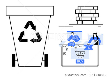 Shopping cart with Buy button alongside cashback offers, recycle bin with symbol, and stacked coins. Ideal for e-commerce, sustainability, finance, customer rewards, environmental campaigns, online 131538312