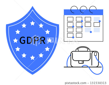 Shield with GDPR text, calendar with events, and business briefcase. Ideal for compliance, data protection, privacy policy, business planning, schedule management, corporate responsibility 131538313
