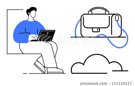 Person working on a laptop, briefcase, and cloud outline elements. Ideal for remote work, digital nomadism, cloud storage, flexible jobs, online collaboration, modern working, productivity. Line 131538317