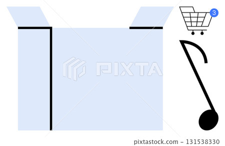 Open cardboard box with black lines, a shopping cart with notification, and a musical note. Ideal for e-commerce, delivery services, shopping, unboxing, music streaming, online notifications digital 131538330