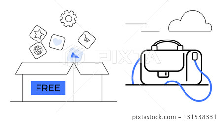 Open box labeled FREE releasing digital app icons, gear, play button, bag with blue strap against cloud background. Ideal for software, applications, storage, downloads, mobile devices, organization 131538331