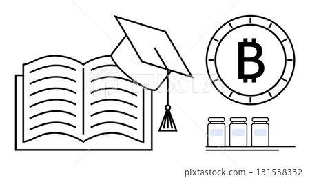Open book with graduation cap, Bitcoin symbol in a coin, and three laboratory vials. Ideal for education, finance, cryptocurrency, research, technological advancements, innovation, future solutions 131538332