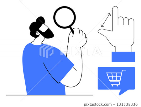 Man holding a magnifying glass, gesture icon of hand with arrows, and shopping cart icon. Ideal for e-commerce, usability testing, online shopping, user experience design, search functionality Man holding a magnifying glass, gesture icon of hand with arrows, and shopping cart icon. Ideal for e-commerce, usability testing, online shopping, user experience design, search functionality 131538336