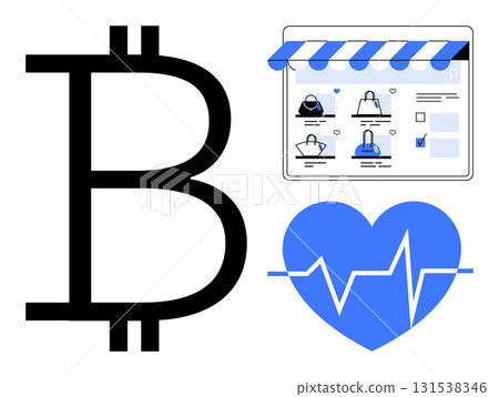 Large Bitcoin symbol, a blue heart with an ECG line, and an online shopping window with products and ratings. Ideal for finance, healthcare, e-commerce, technology, cryptocurrency, shopping digital Large Bitcoin symbol, a blue heart with an ECG line, and an online shopping window with products and ratings. Ideal for finance, healthcare, e-commerce, technology, cryptocurrency, shopping digital 131538346
