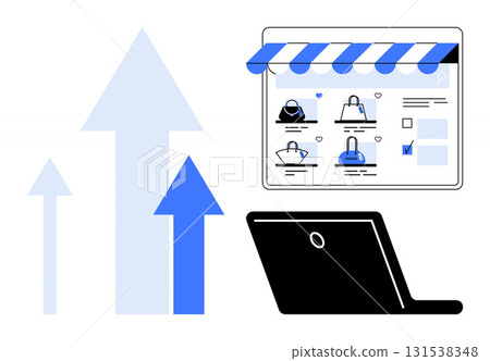 Laptop connected to an online store showing various handbags, arrows indicating growth. Ideal for e-commerce, online shopping, business trends, digital marketing, retail, technology advancements Laptop connected to an online store showing various handbags, arrows indicating growth. Ideal for e-commerce, online shopping, business trends, digital marketing, retail, technology advancements 131538348