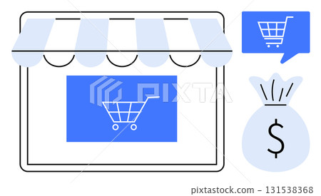 E-commerce storefront with a shopping cart icon, speech bubble with cart, and a dollar sign money bag. Ideal for online shopping, retail, sales, internet business, e-commerce platforms, digital 131538368