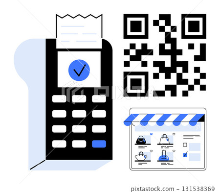 Digital payment terminal with receipt, QR code for quick transactions, and online retail checkout interface with product images. Ideal for e-commerce, payment processing, contactless payments 131538369