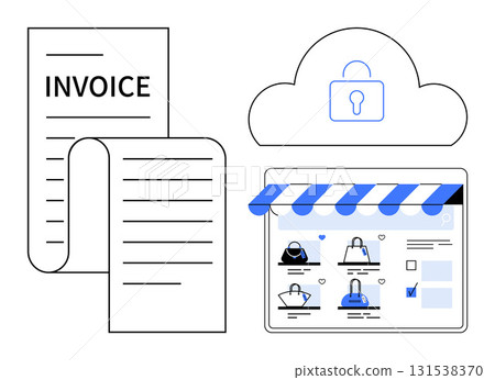 Digital invoice next to an online store interface with shopping bags, secured by cloud protection. Ideal for e-commerce, online security, cloud services, digital transactions, retail, invoicing Digital invoice next to an online store interface with shopping bags, secured by cloud protection. Ideal for e-commerce, online security, cloud services, digital transactions, retail, invoicing 131538370