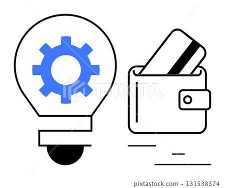 Credit card inserted in wallet beside a lightbulb with gear icon, highlighting themes of eCommerce and innovation. Ideal for finance, banking, technology, eCommerce, business development 131538374