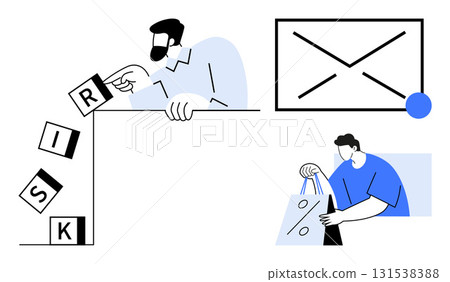 Businessman moves blocks spelling RISK, large unopened envelope icon, person holds shopping bag with percentage sign. Ideal for business, risk management, communication, mail services, shopping 131538388