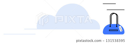 Blue handbag with price tag, cloud background, horizontal lines suggesting movement. Ideal for e-commerce, fashion, online shopping, retail, cloud storage travel marketing. Line metaphor 131538395