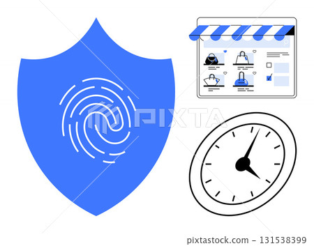 Blue fingerprint on shield, online shopping page with striped awning, analog clock. Ideal for security, e-commerce, time management, reliability, protection digital privacy and trust. Line metaphor 131538399
