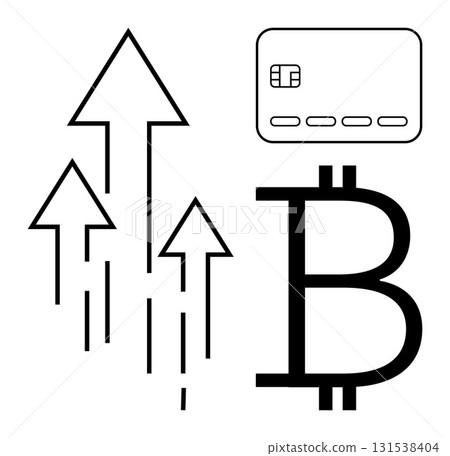 Arrows pointing upward next to a Bitcoin symbol and a credit card highlight financial growth, cryptocurrency, and digital transactions. Ideal for fintech, blockchain, virtual banking, investment Arrows pointing upward next to a Bitcoin symbol and a credit card highlight financial growth, cryptocurrency, and digital transactions. Ideal for fintech, blockchain, virtual banking, investment 131538404