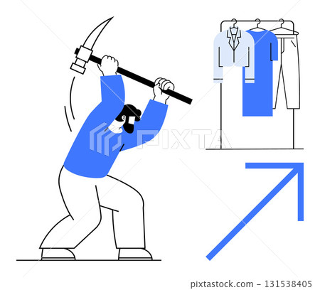 Worker wielding a pickaxe, clothes on hanger rack, upward-pointing arrow. Ideal for business growth, labor, determination, change, progress workforce and innovation themes. Line metaphor 131538405