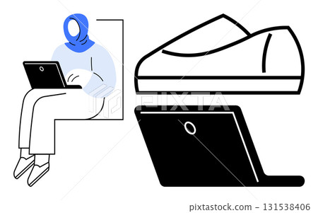 Woman in hijab using laptop, accompanied by cryptocurrency wallet and laptop icons. Ideal for remote work, digital security, fintech, female empowerment, digital communication, online education 131538406