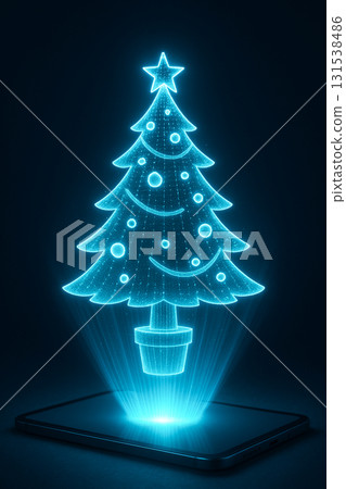 Glowing hologram of a decorated Christmas tree in a pot, projected above a digital tablet 131538486