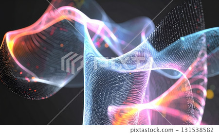 Abstract flowing colorful light waves with dynamic digital particles and wave patterns creating a vibrant energetic motion effect in a futuristic scene Abstract flowing colorful light waves with dynamic digital particles and wave patterns creating a vibrant energetic motion effect in a futuristic scene 131538582