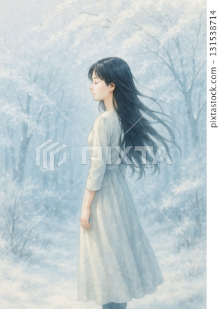 Snowy scenery and a woman with a soft atmosphere, watercolor style 131538714