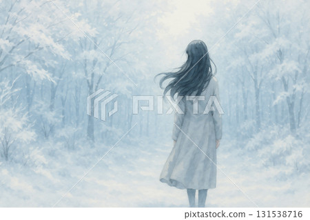 Snowy scenery and a woman with a soft atmosphere, watercolor style 131538716