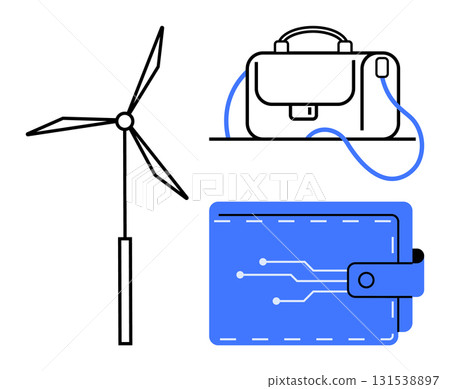 Wind turbine representing renewable energy, connected briefcase symbolizing digital work, and electronic wallet showcasing smart finance. Ideal for sustainability, fintech, digital transformation Wind turbine representing renewable energy, connected briefcase symbolizing digital work, and electronic wallet showcasing smart finance. Ideal for sustainability, fintech, digital transformation 131538897