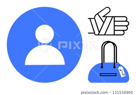User profile icon in blue circle, thumbs-up sign with bandaged thumb, blue handbag with dangling price tag. Ideal for social media, customer feedback, healthcare, online shopping, profile creation 131538908