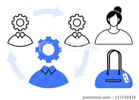 Three avatars with gear heads, circular arrow flow, female avatar with hair bun, blue purse with tag. Ideal for business processes, teamwork, automation, workflow, e-commerce product management Three avatars with gear heads, circular arrow flow, female avatar with hair bun, blue purse with tag. Ideal for business processes, teamwork, automation, workflow, e-commerce product management 131538910