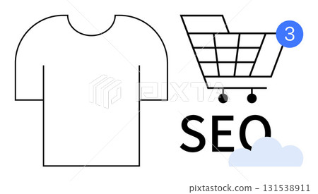 T-shirt outline next to shopping cart with notification icon and SEO text atop a cloud. Ideal for online shopping, digital marketing, e-commerce strategies, retail, SEO tactics, business growth T-shirt outline next to shopping cart with notification icon and SEO text atop a cloud. Ideal for online shopping, digital marketing, e-commerce strategies, retail, SEO tactics, business growth 131538911