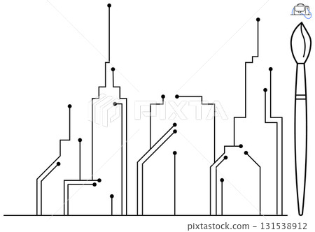 Stylized cityscape formed by black lines and circuit-like connections with large paintbrush on the right. Ideal for technology, creativity, digital art, innovation, urban design, modern cities Stylized cityscape formed by black lines and circuit-like connections with large paintbrush on the right. Ideal for technology, creativity, digital art, innovation, urban design, modern cities 131538912